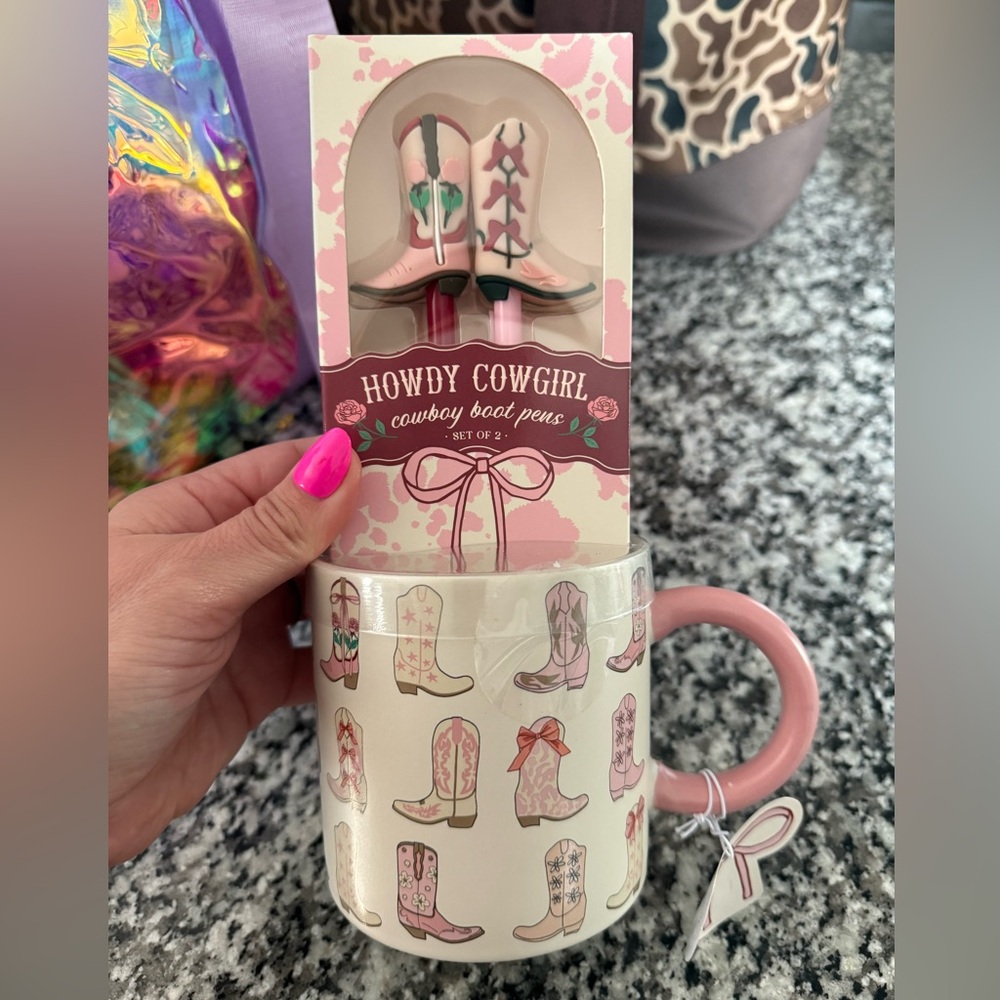 Howdy Cowgirl Cowboy Boot Pen Set with Pink Boot Mug